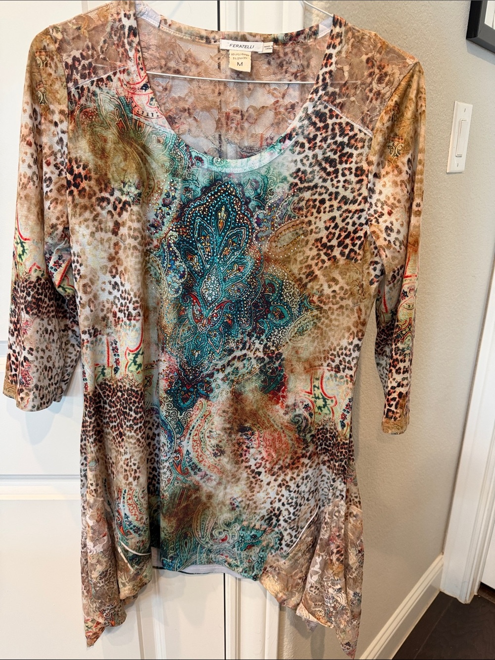 FRATELLI Multicolor Paisley & Leopard Print Scoop Neck Tunic - Teal/Brown